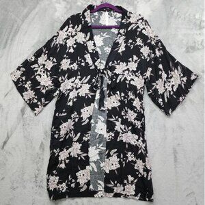 Spiritual Gangster Floral Tie Front Kimono Robe One Size OS Lounge Black Gray‎